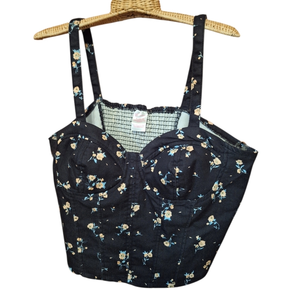 NO BO Womens FLoral Babydoll Corset Top XL 15/17 Black Gothic Baddie Boho Party